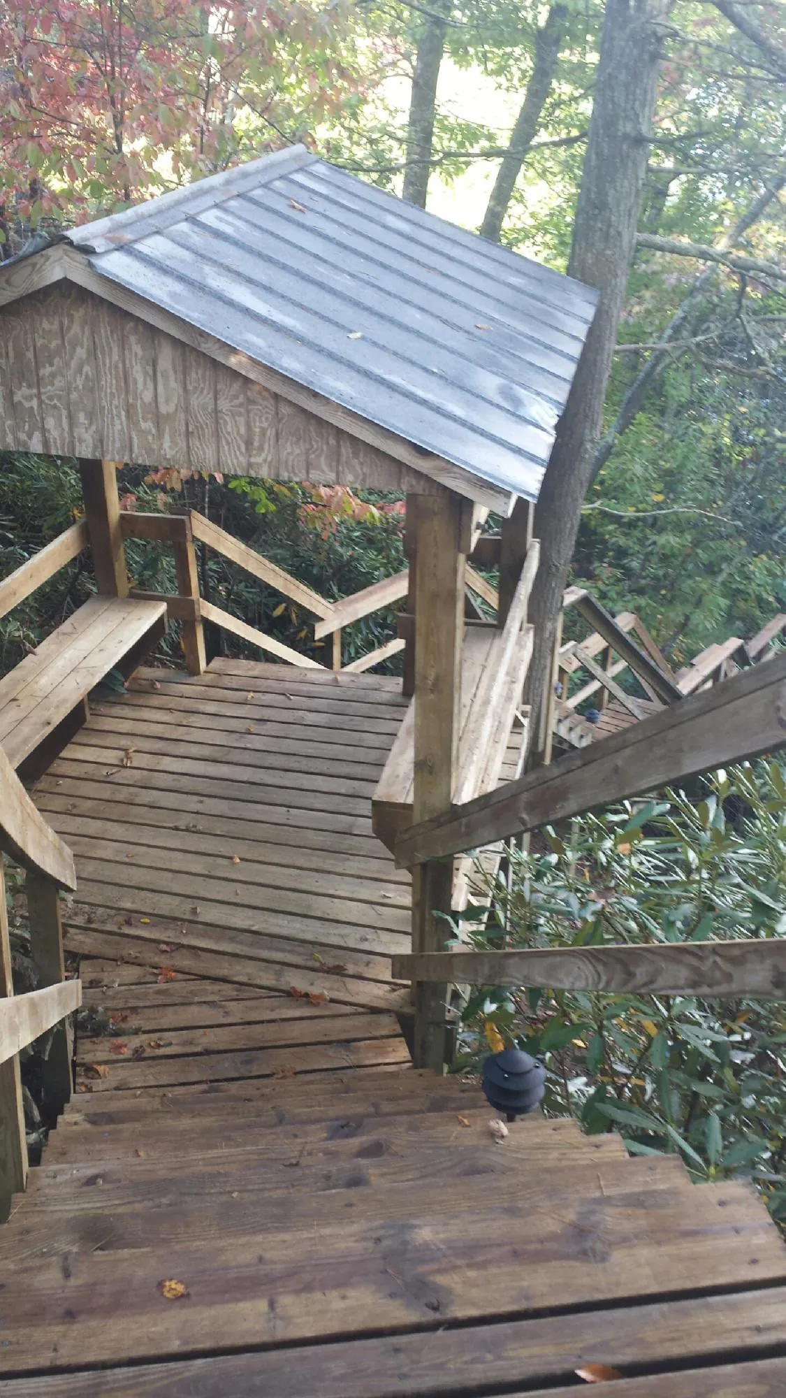 Metal roofed shelter over wooden steps on a wooded walkway — Skylight Repair & Installation work by our crew in Munson